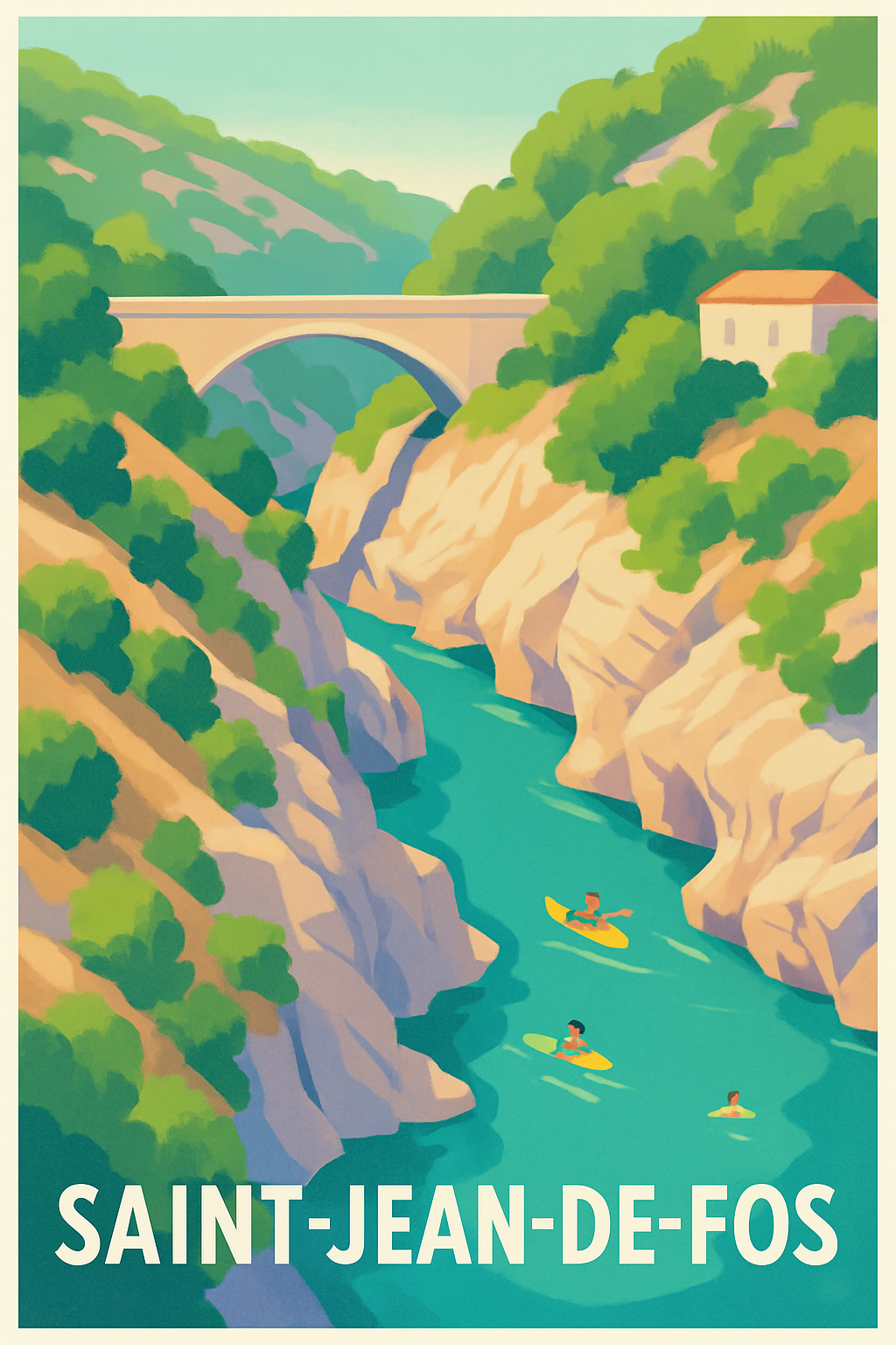 Affiche Saint-Jean-de-Fos — Évasion et nature au fil de l'eau · poster d'art de Saint-Jean-de-Fos
