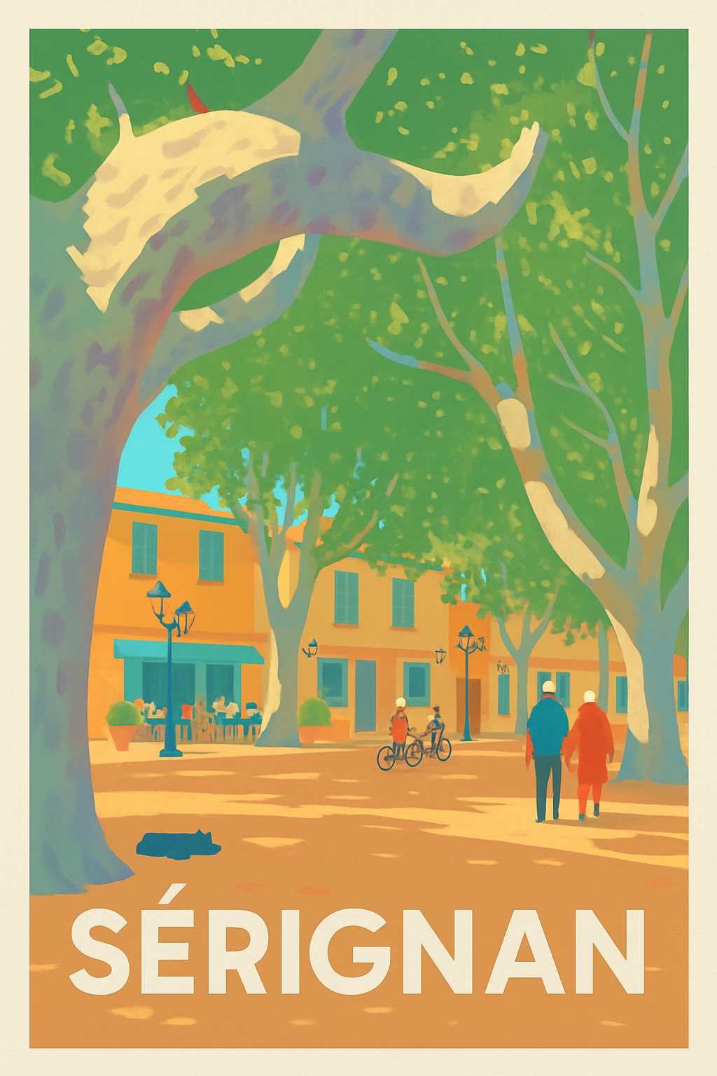 Hérault France Pas de Cadre / 20 × 30cm Affiche de Sérignan - L'élégance douce des places ombragées