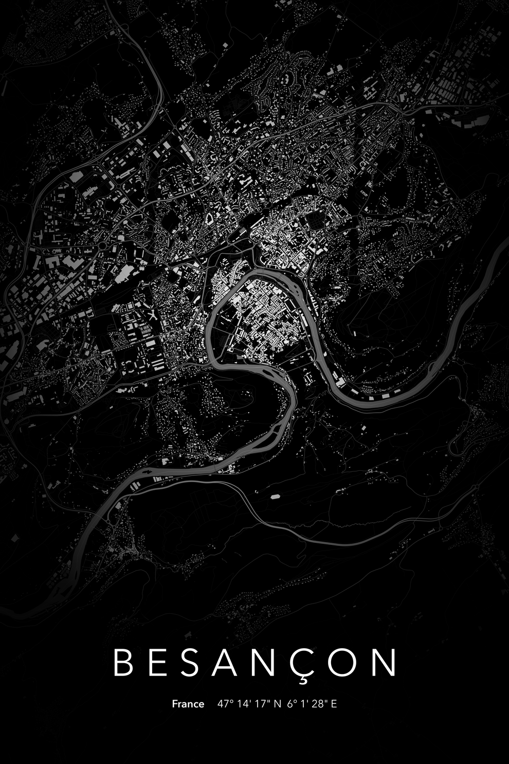 Carte de Besançon nuit - Affiche personnalisée