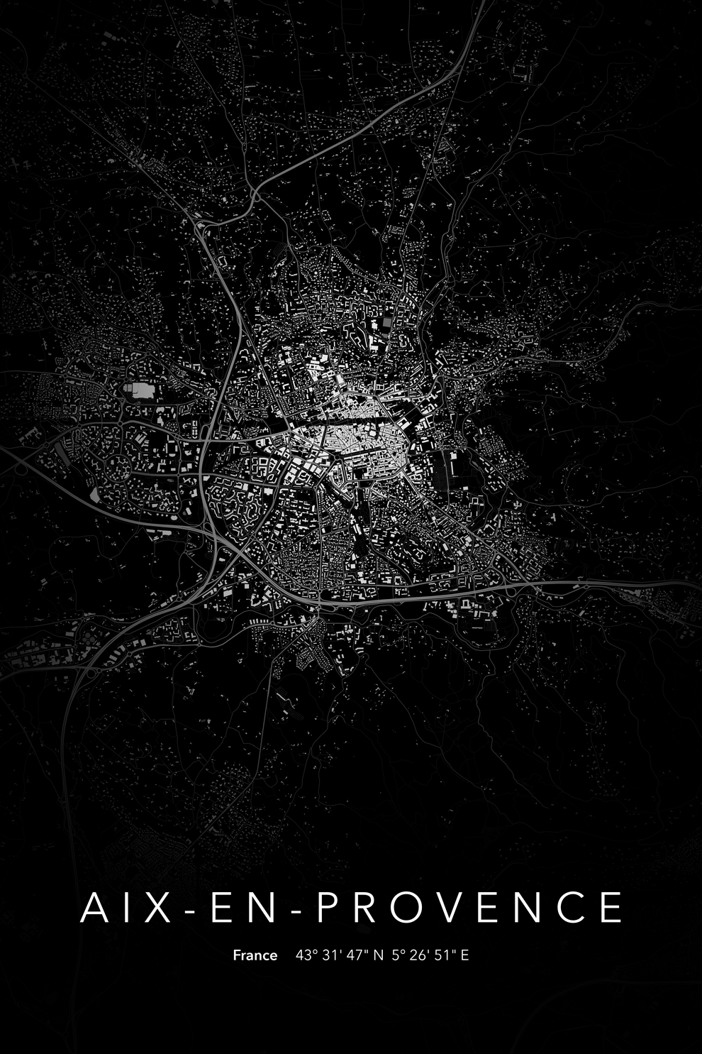 Carte d'Aix-en-Provence nuit - Affiche personnalisée
