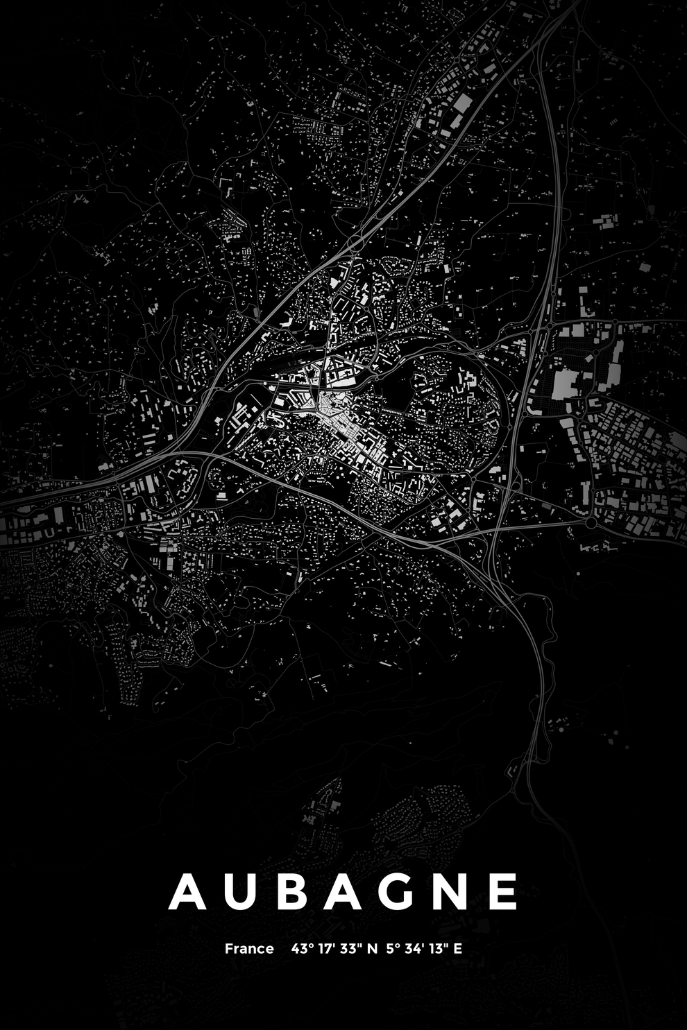 Carte d'Aubagne nuit - Affiche personnalisée