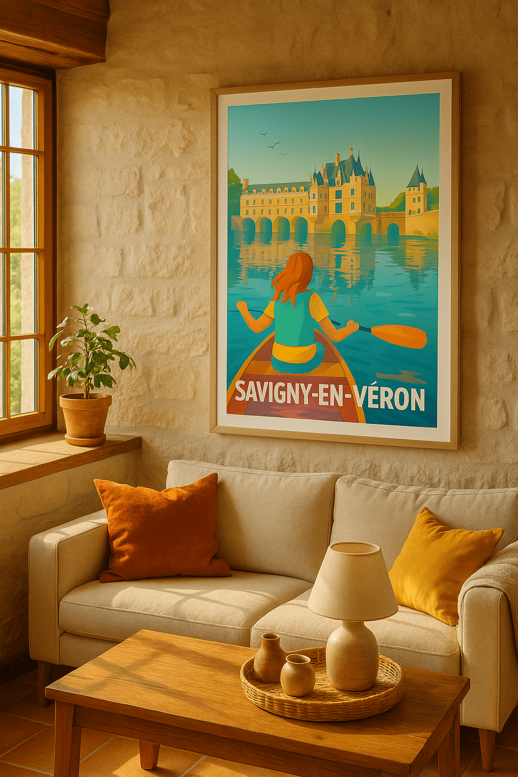 Affiche Savigny-en-Véron — Aventure et sérénité au fil de l'eau · poster d'art de Savigny-en-Véron