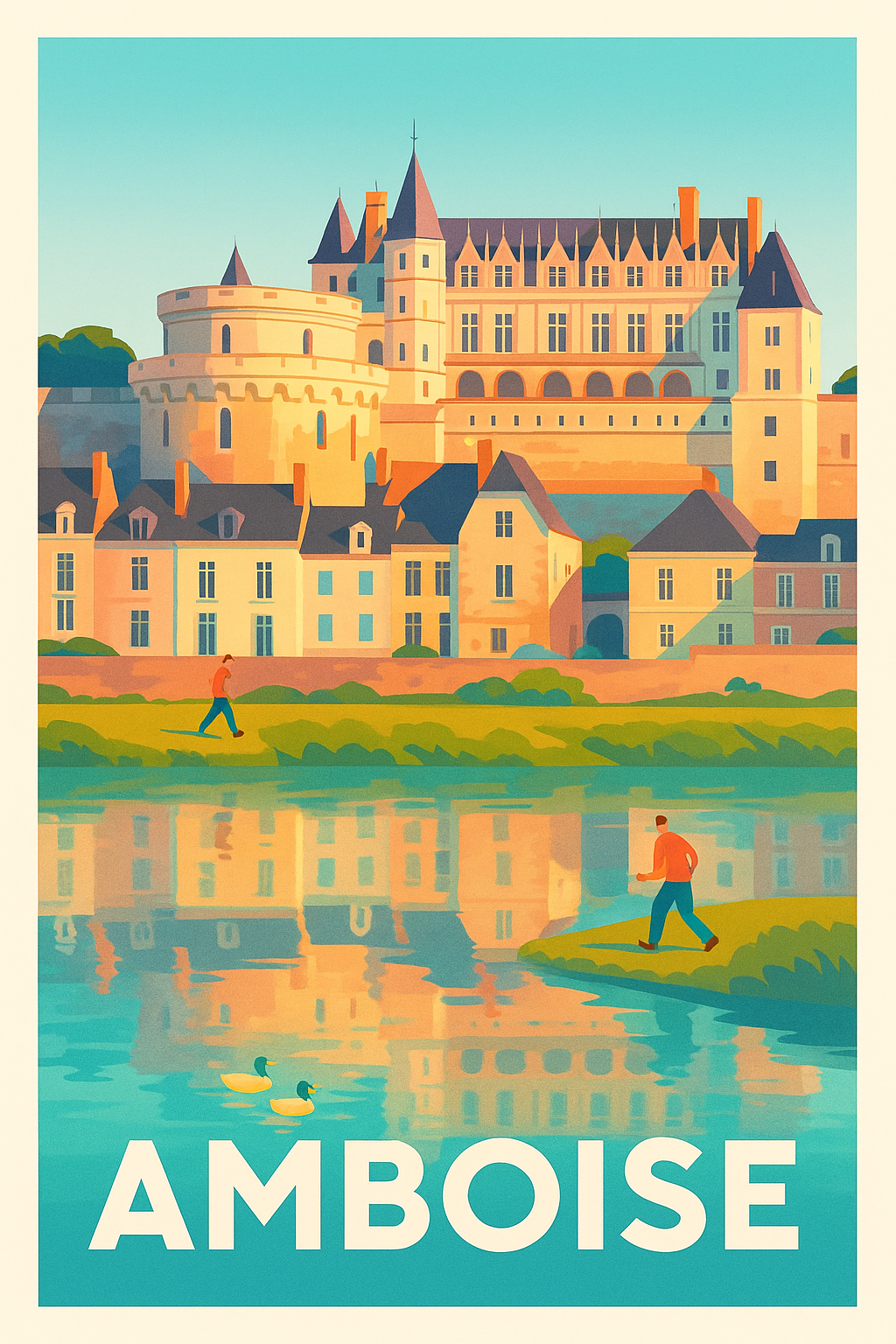 Indre-et-Loire France Pas de Cadre / 20 × 30cm Affiche Amboise - Reflets du château sur la Loire
