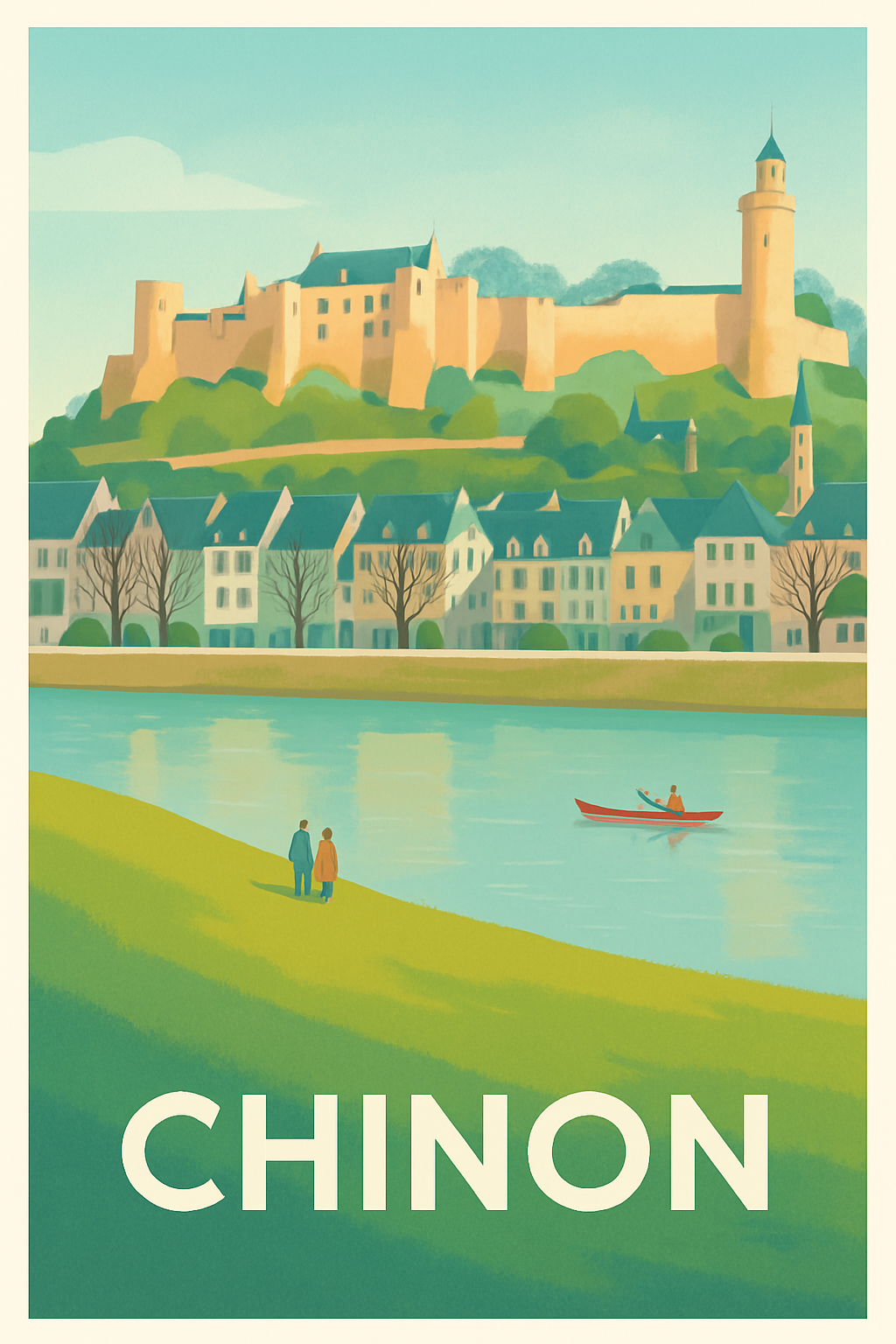 Indre-et-Loire France Pas de Cadre / 20 × 30cm Affiche de Chinon - Une balade paisible au bord de la Vienne