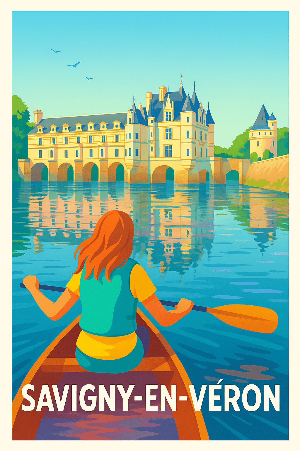 Affiche Savigny-en-Véron — Aventure et sérénité au fil de l'eau · poster d'art de Savigny-en-Véron