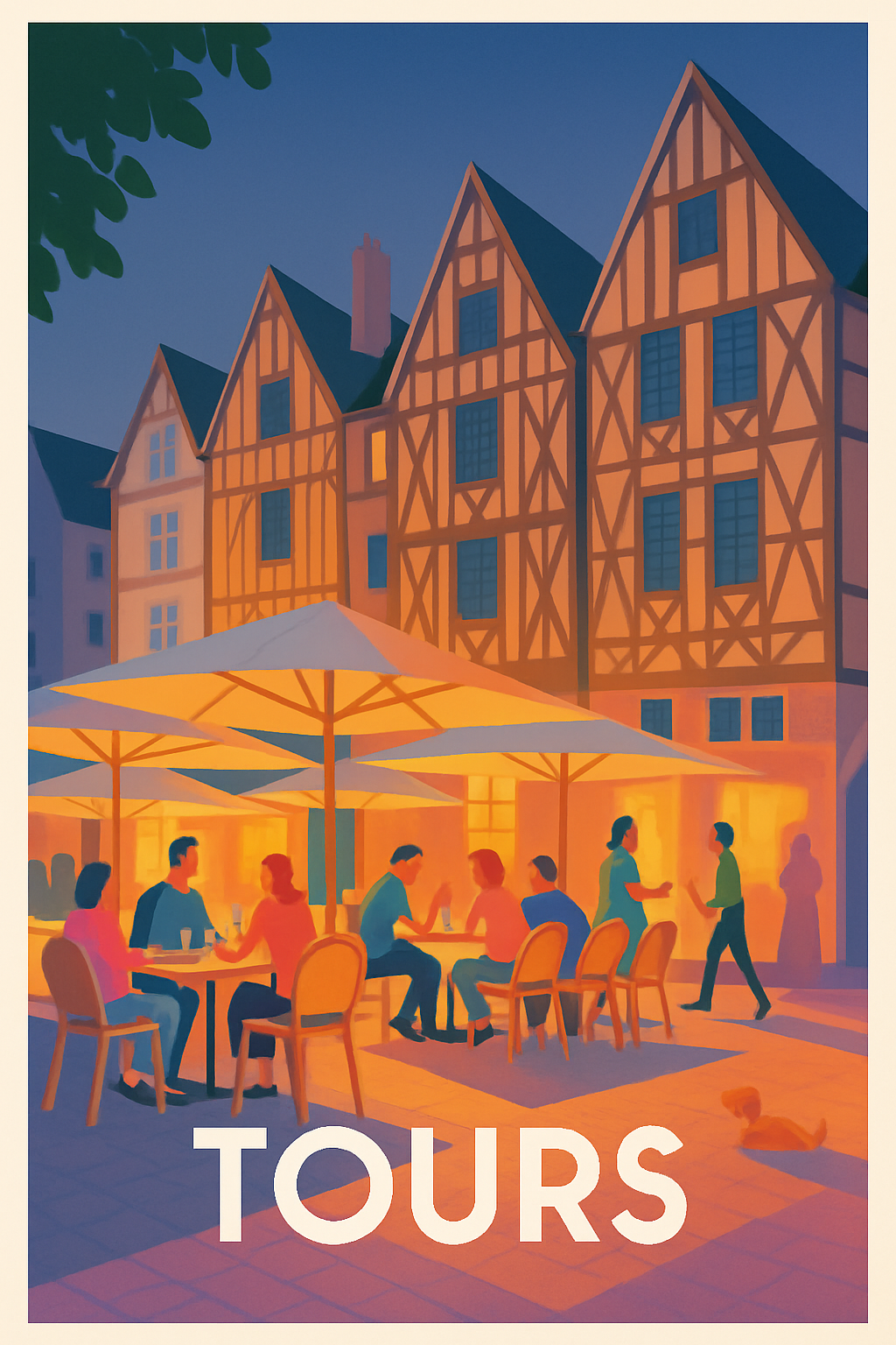 Indre-et-Loire France Pas de Cadre / 20 × 30cm Affiche de Tours - Ambiance chaleureuse en terrasse au cœur de la ville