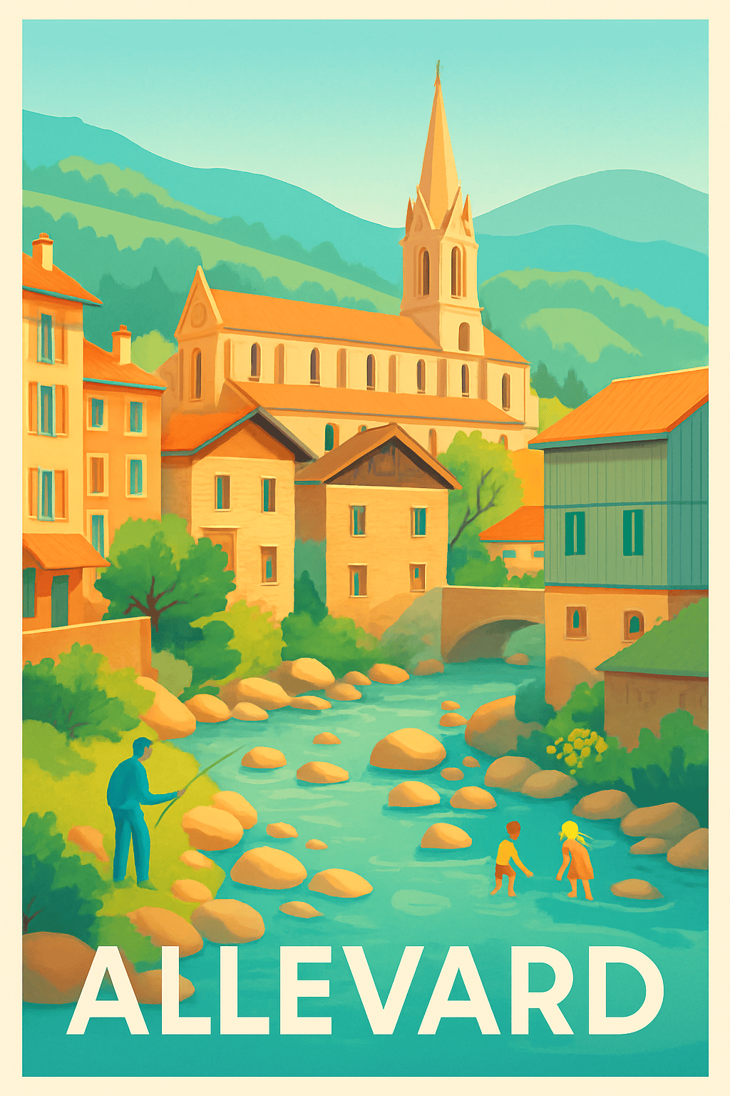Isère France Pas de Cadre / 20 × 30cm Affiche de Allevard - Charme bucolique au bord de la rivière