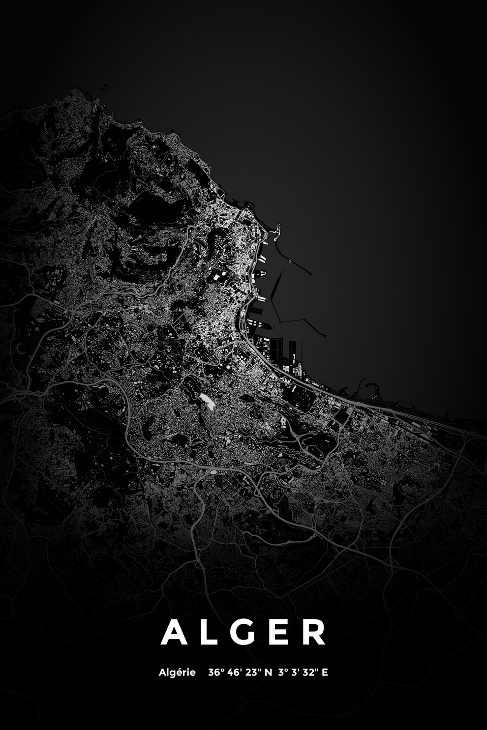 Carte d'Alger nuit - Affiche personnalisée