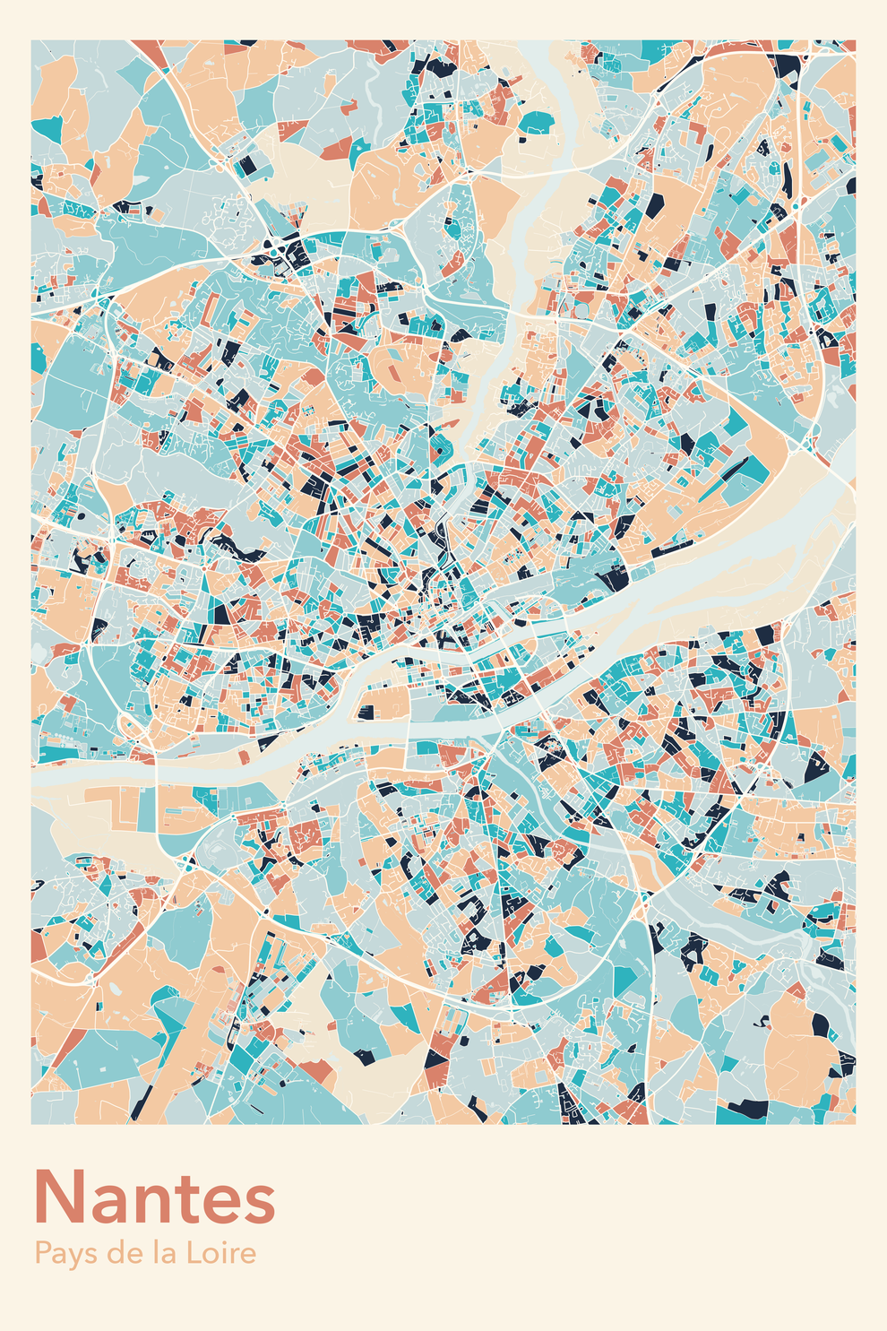 Plan de Nantes coloré - Carte personnalisée