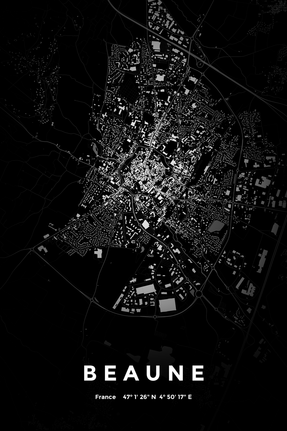 Carte de Beaune nuit - Affiche personnalisée