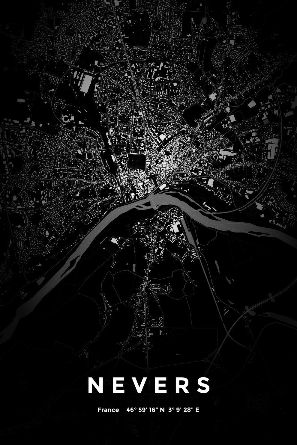 Carte de Nevers nuit - Affiche personnalisée