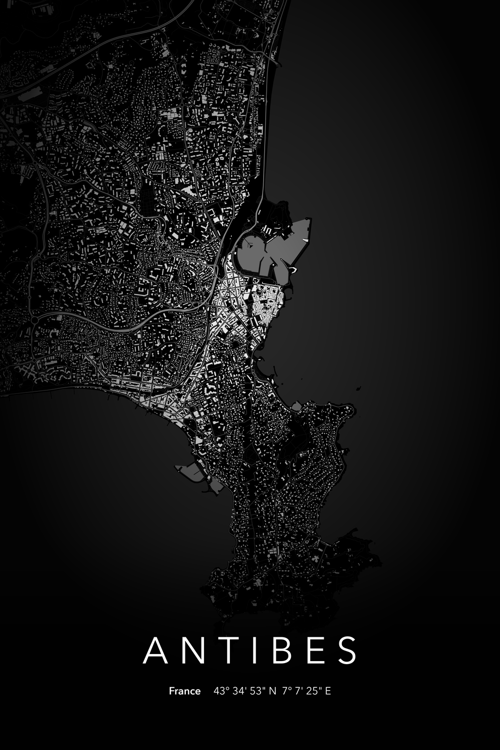 Carte d'Antibes nuit - Affiche personnalisée