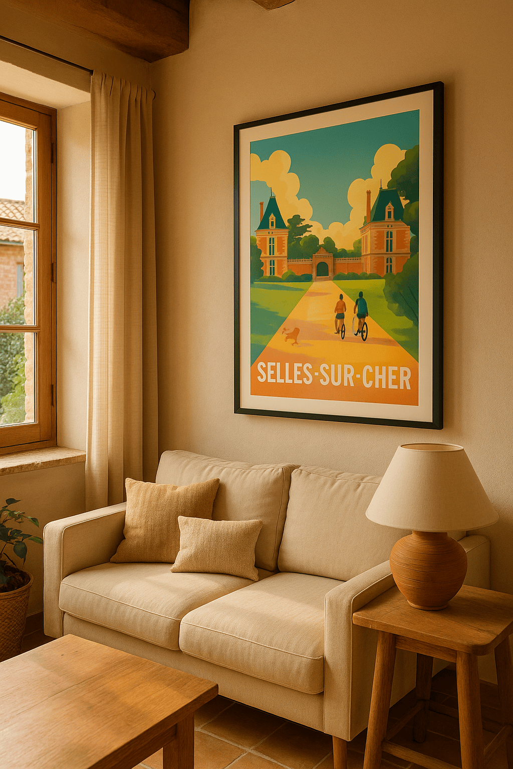 Affiche Selles-sur-Cher — Promenade à vélo dans un cadre historique · poster d'art de Selles-sur-Cher