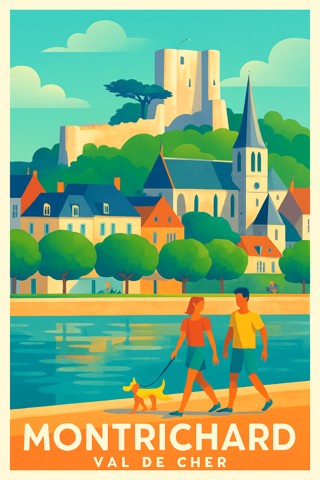 Loir-et-Cher France Pas de Cadre / 20 × 30cm Affiche de Montrichard - Promenade au bord du Cher