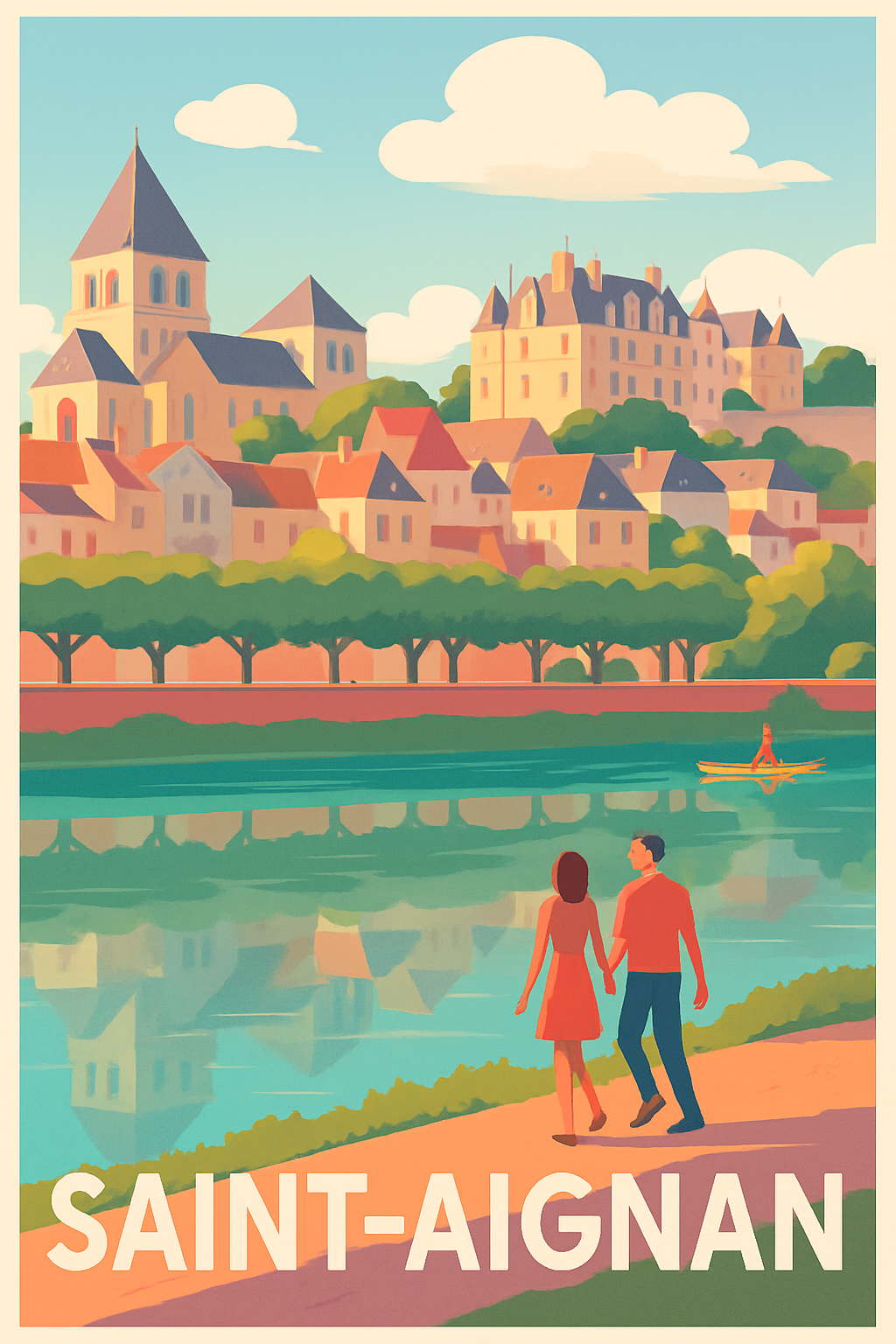 Loir-et-Cher France Pas de Cadre / 20 × 30cm Affiche de Saint-Aignan - Promenade romantique au bord de l'eau
