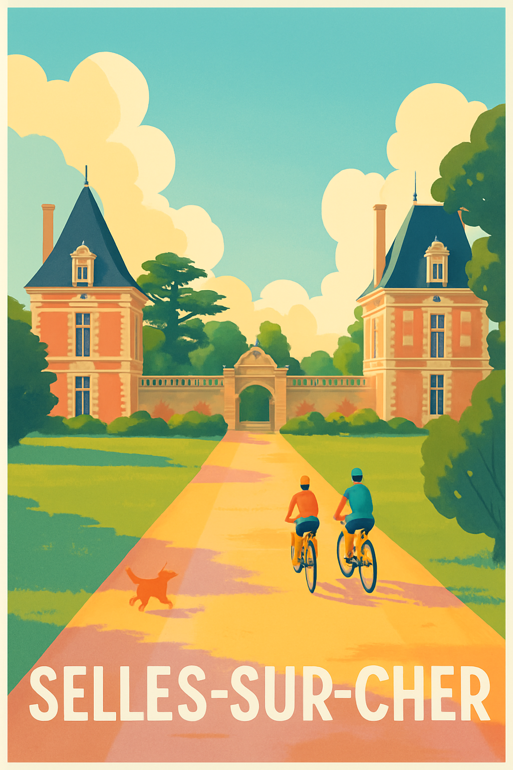 Loir-et-Cher France Pas de Cadre / 20 × 30cm Affiche de Selles-sur-Cher - Promenade à vélo dans un cadre historique