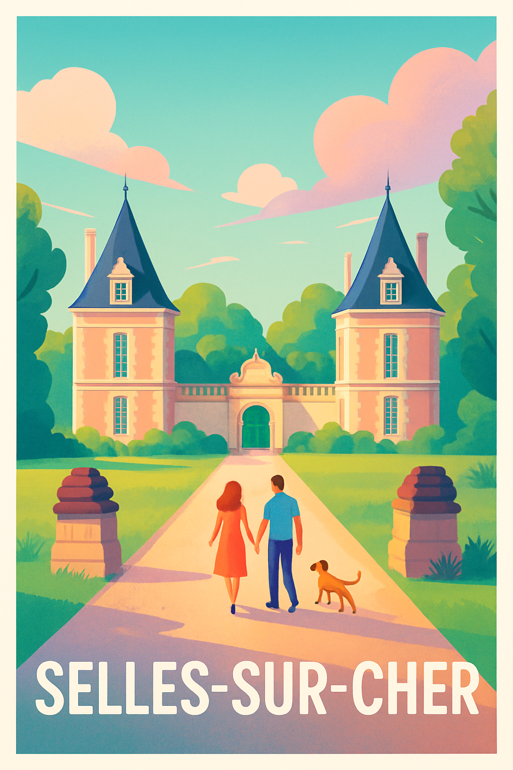 Loir-et-Cher France Pas de Cadre / 20 × 30cm Affiche de Selles-sur-Cher - Promenade romantique au château