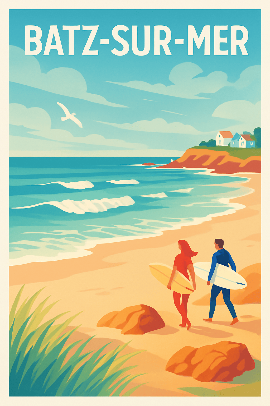 Loire-Atlantique France Pas de Cadre / 20 × 30cm Affiche de Batz-sur-Mer - Évasion et Surf sur la Côte Atlantique