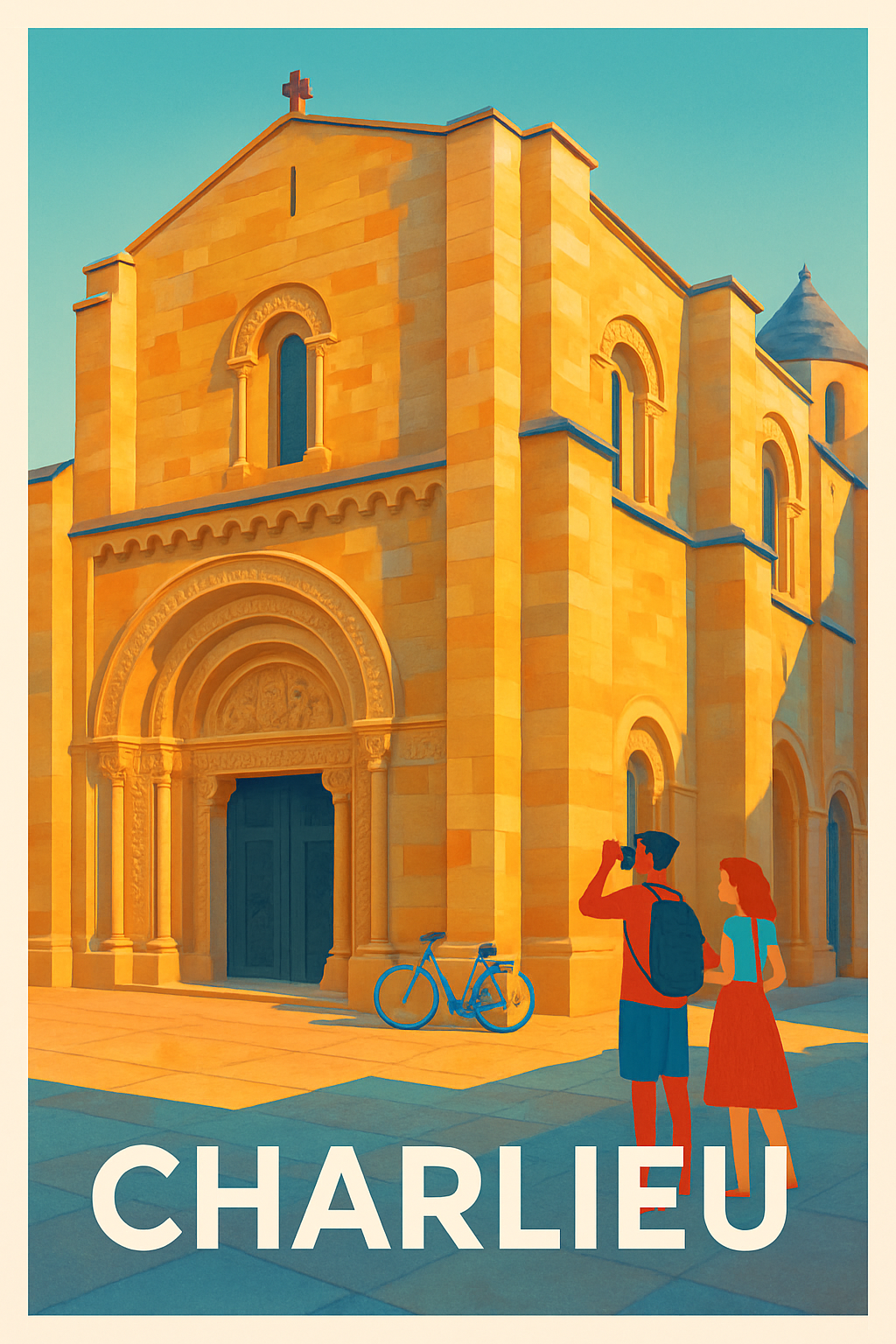 Loire France Pas de Cadre / 20 × 30cm Affiche de Charlieu - Charme historique en lumière dorée