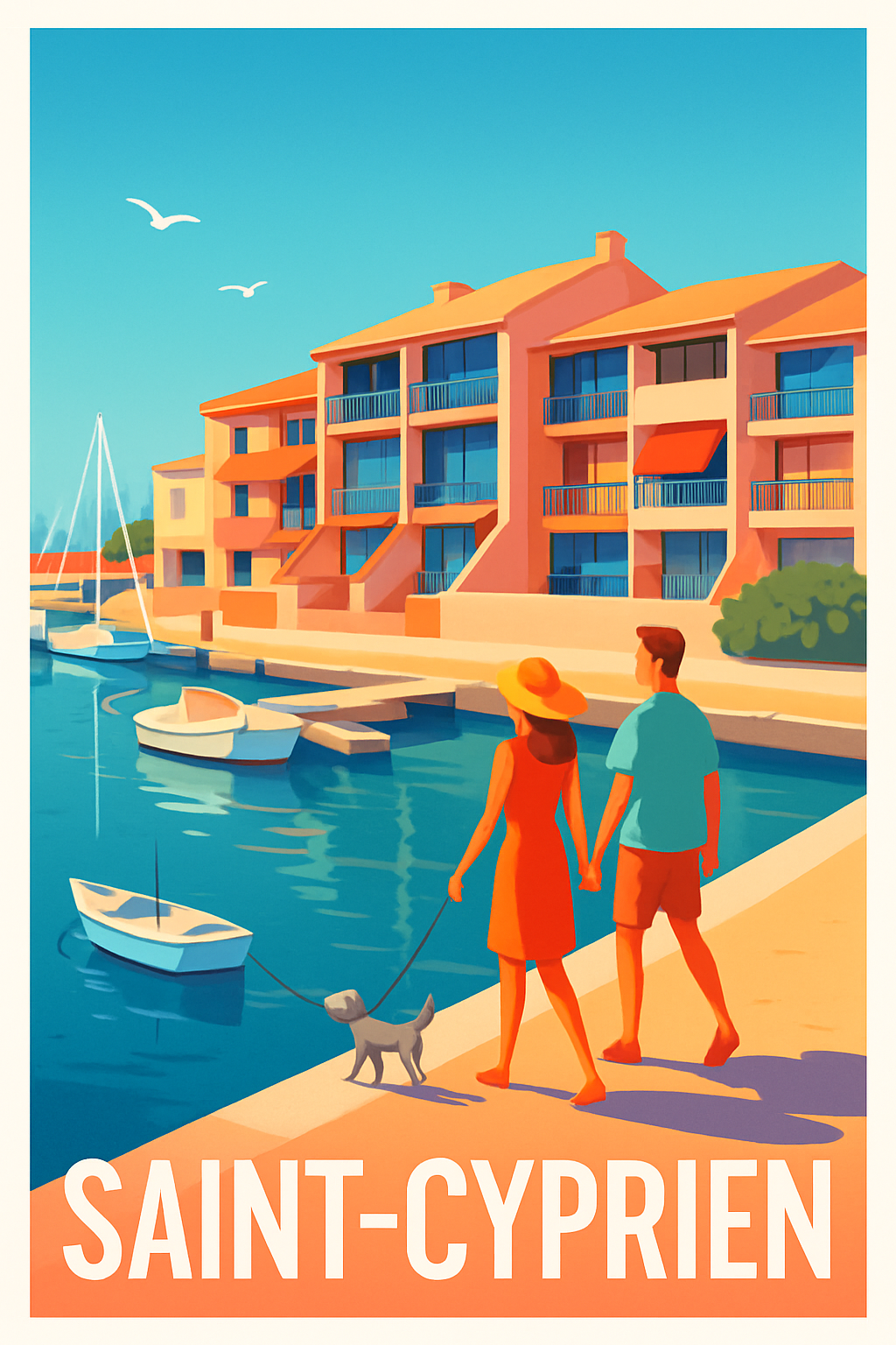 Affiche Saint-Cyprien — Promenade au bord de l'eau en douceur · poster d'art de Saint-Cyprien