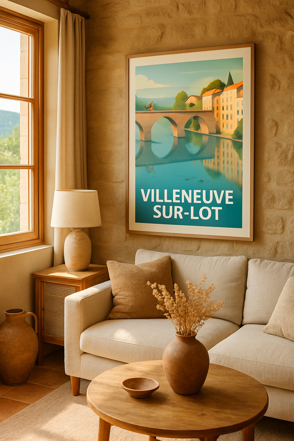 Affiche Villeneuve-sur-Lot — Évasion paisible entre rivière et ponts · poster d'art de Villeneuve-sur-Lot