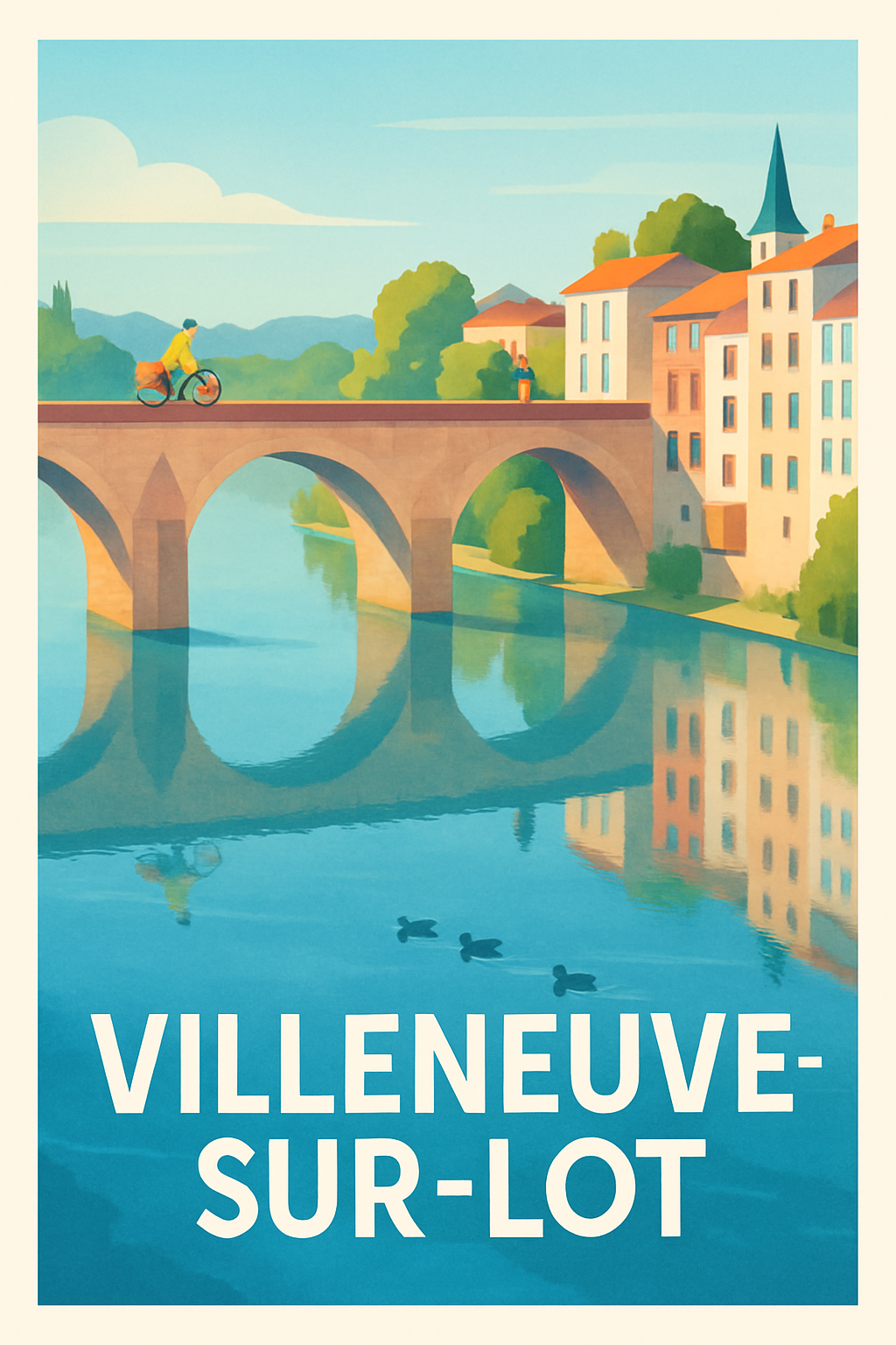 Lot-et-Garonne France Pas de Cadre / 20 × 30cm Affiche de Villeneuve-sur-Lot - Évasion paisible entre rivière et ponts