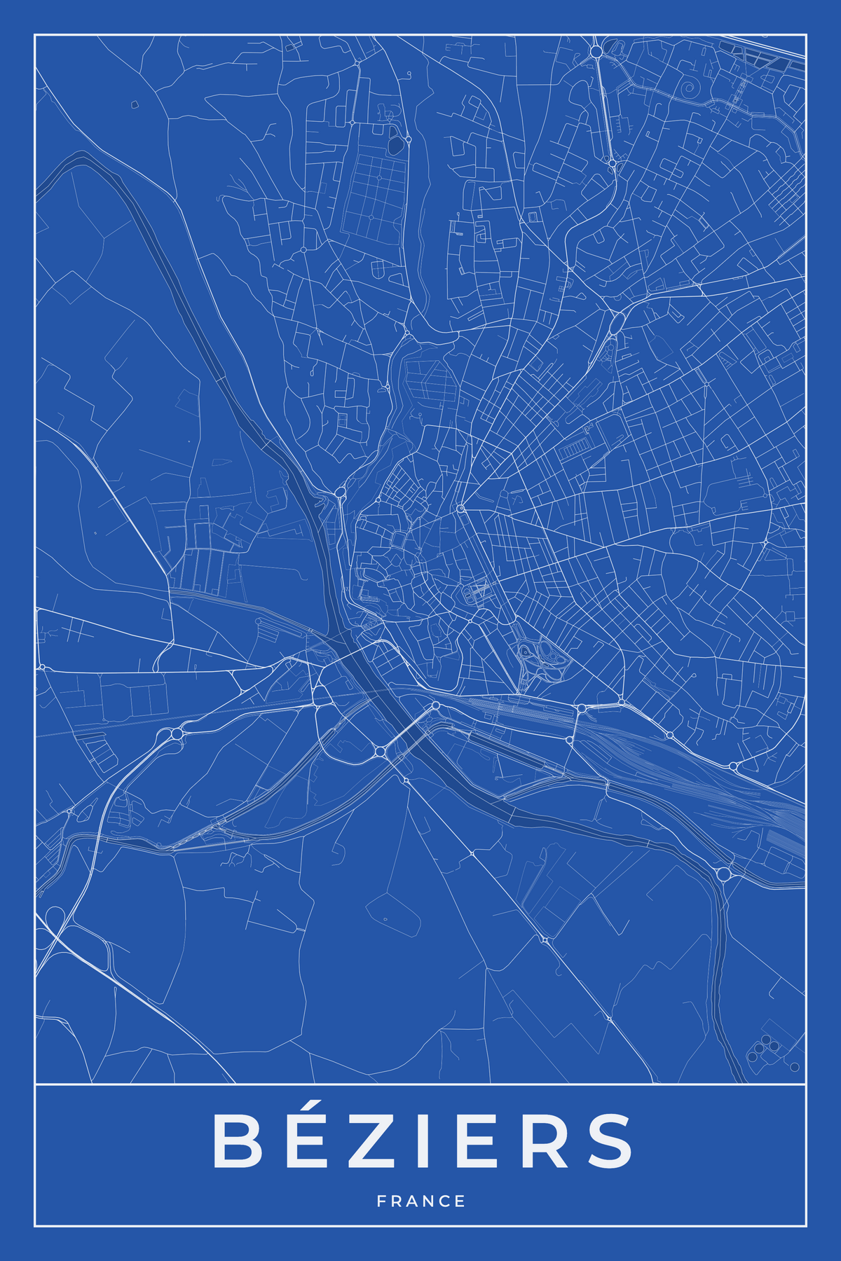 Carte de Béziers bleue - Affiche personnalisée