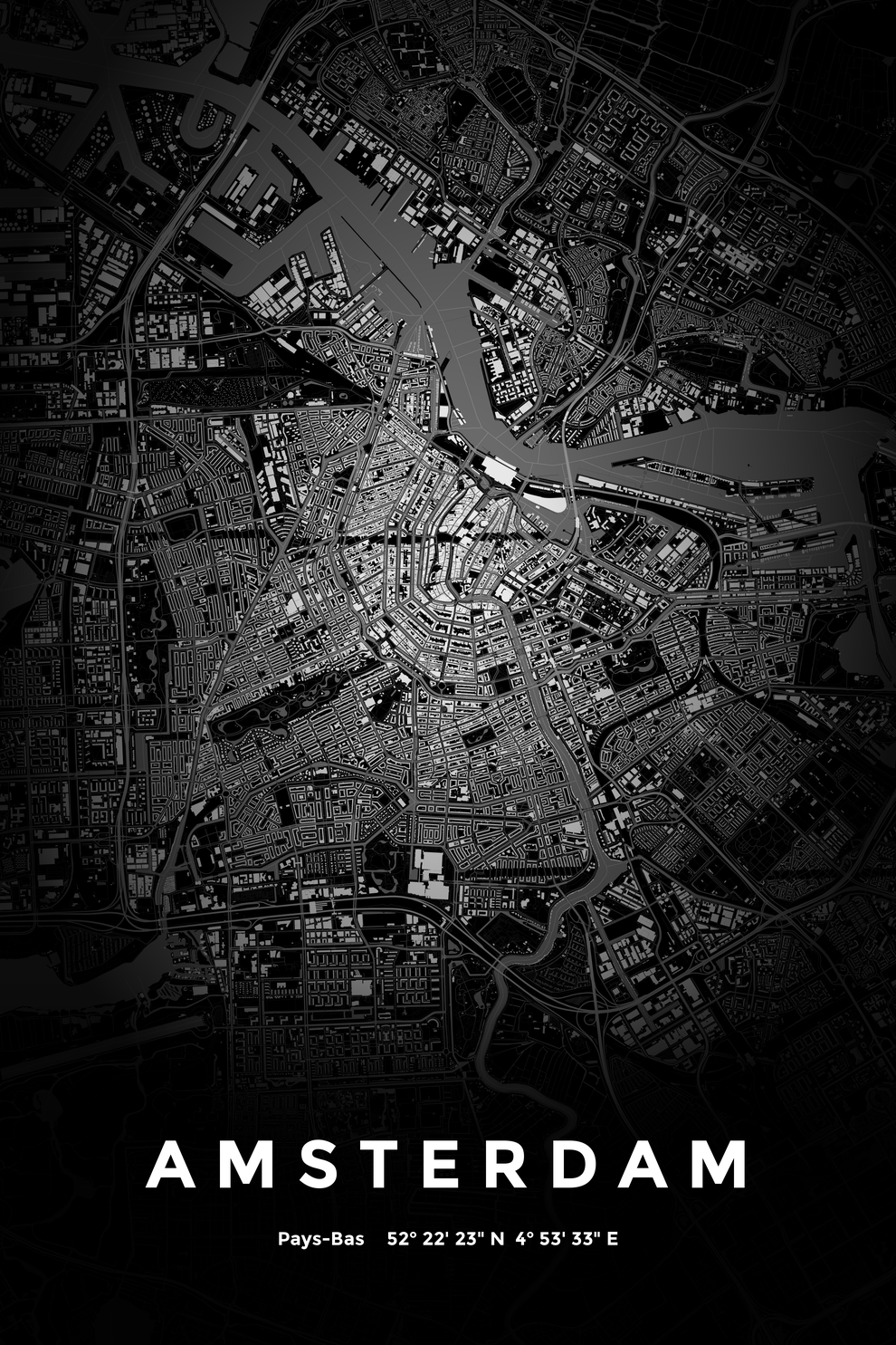 Carte d'Amsterdam nuit - Affiche personnalisée