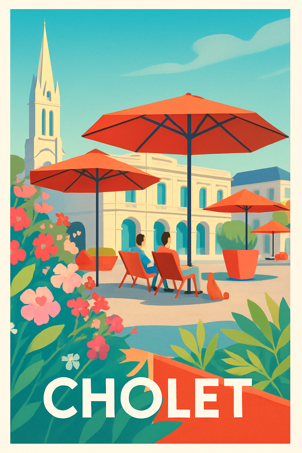 Maine-et-Loire France Pas de Cadre / 20 × 30cm Affiche de Cholet - Détente sous les parasols éclatants