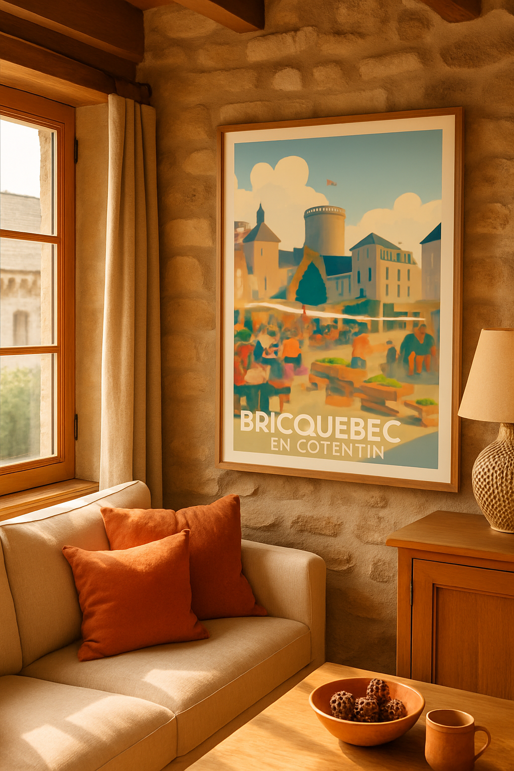 Affiche Bricquebec-en-Cotentin — Ambiance conviviale au marché local · poster d'art de Bricquebec-en-Cotentin