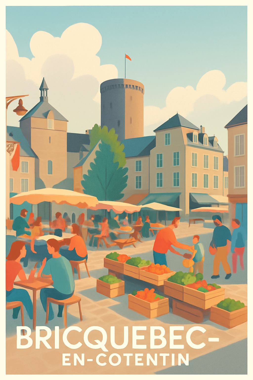 Affiche Bricquebec-en-Cotentin — Ambiance conviviale au marché local · poster d'art de Bricquebec-en-Cotentin