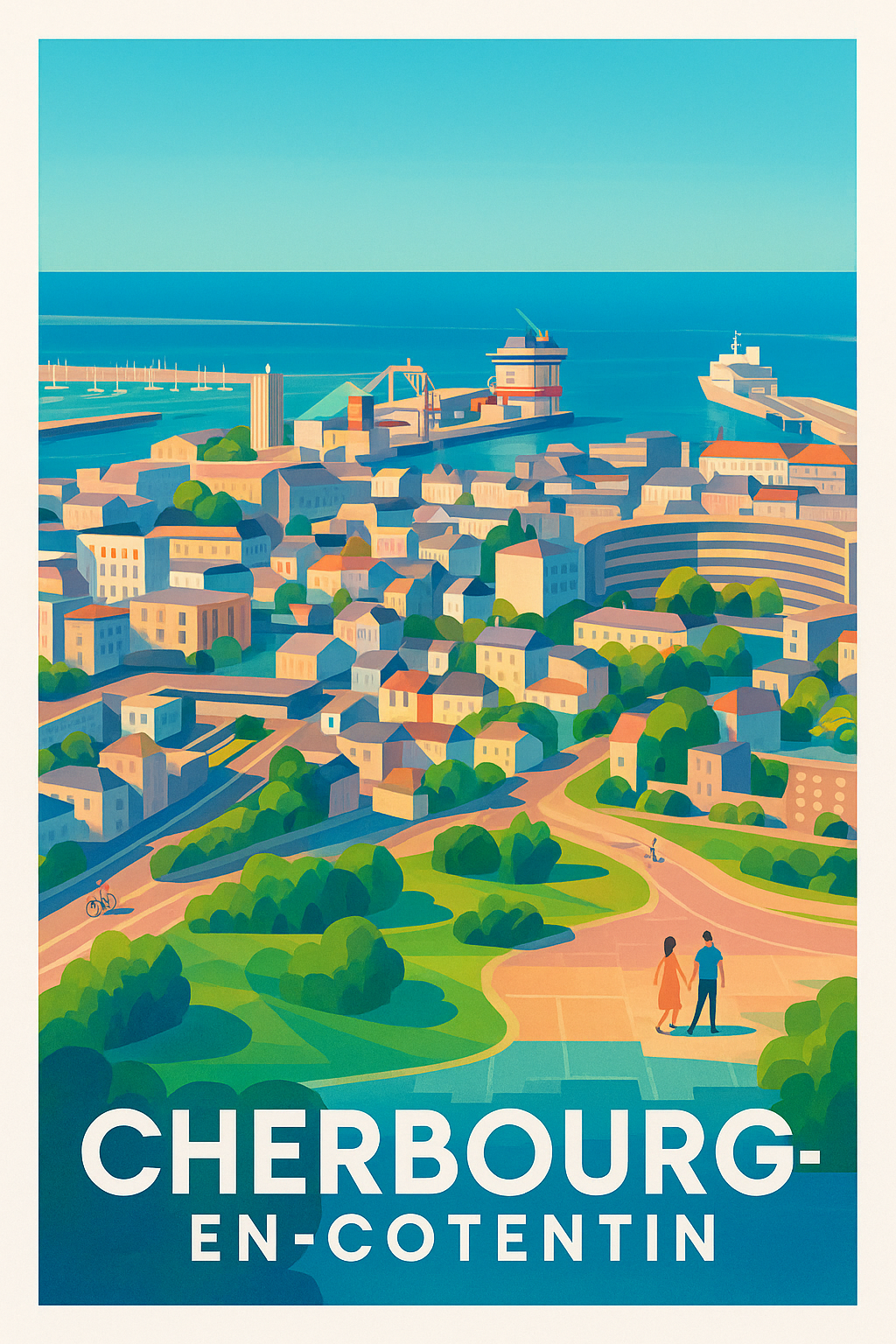 Manche France Pas de Cadre / 20 × 30cm Affiche de Cherbourg-en-Cotentin - Vue Panoramique Lumineuse