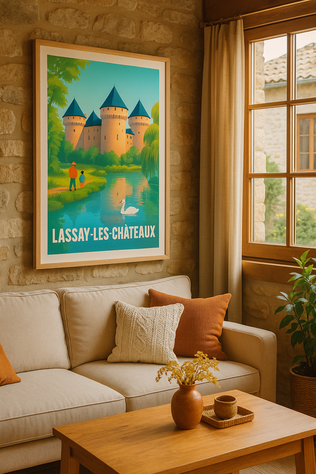 Affiche Lassay-les-Châteaux — Promenade au bord du château historique · poster d'art de Lassay-les-Châteaux