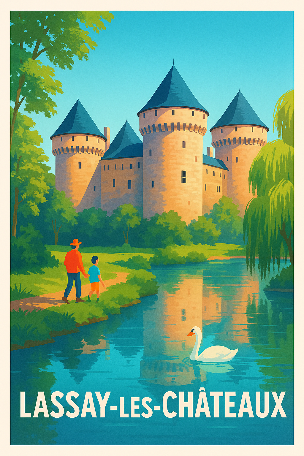 Affiche Lassay-les-Châteaux — Promenade au bord du château historique · poster d'art de Lassay-les-Châteaux
