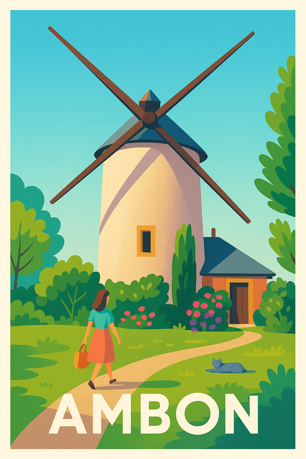 Morbihan France Pas de Cadre / 20 × 30cm Affiche de Ambon - L'élégance paisible du moulin