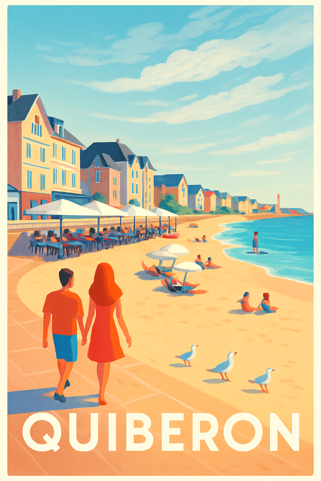 Affiche Quiberon — Promenade au bord de la plage ensoleillée · poster d'art de Quiberon