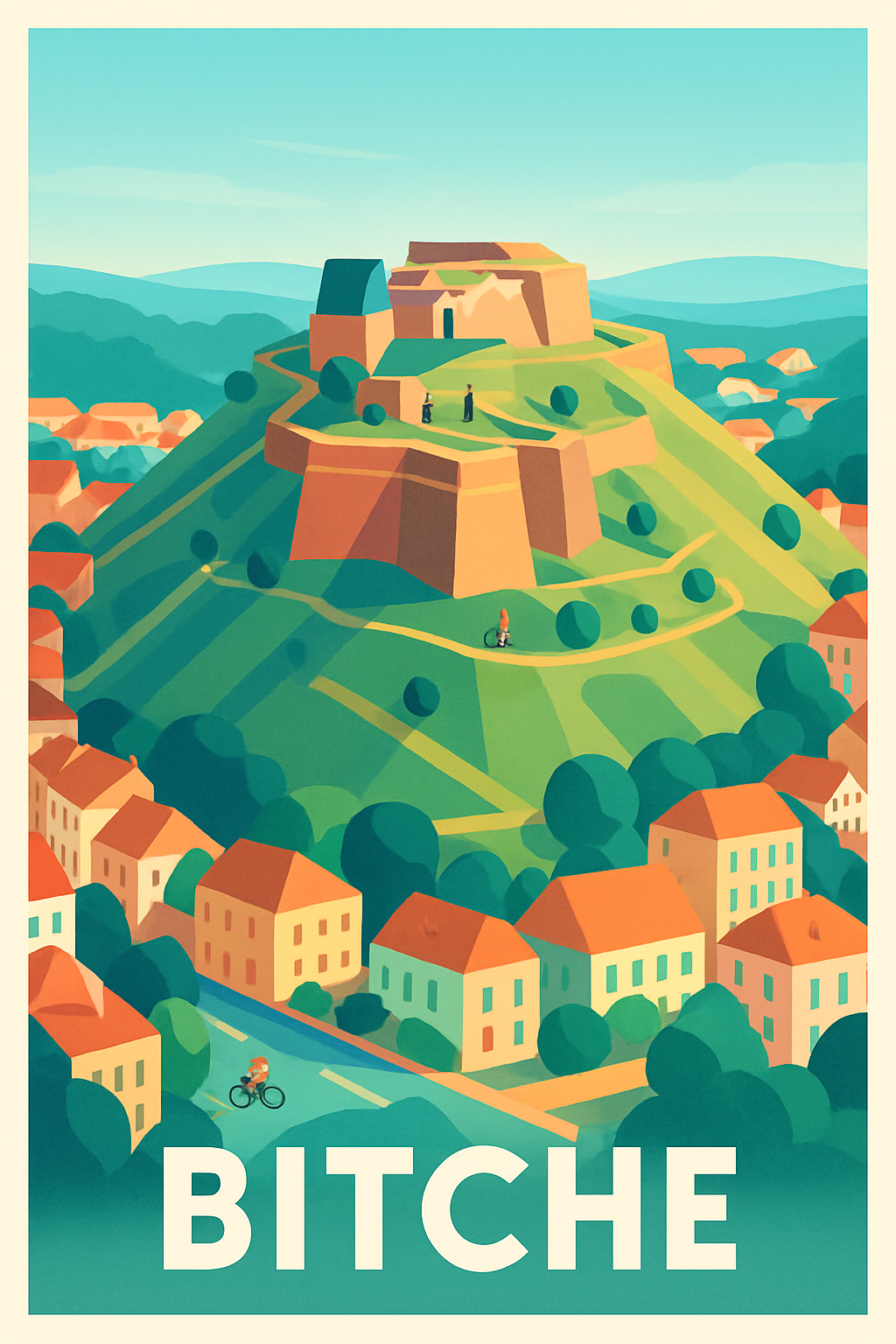 Moselle France Pas de Cadre / 20 × 30cm Affiche de Bitche - L'élégance fortifiée de la Lorraine
