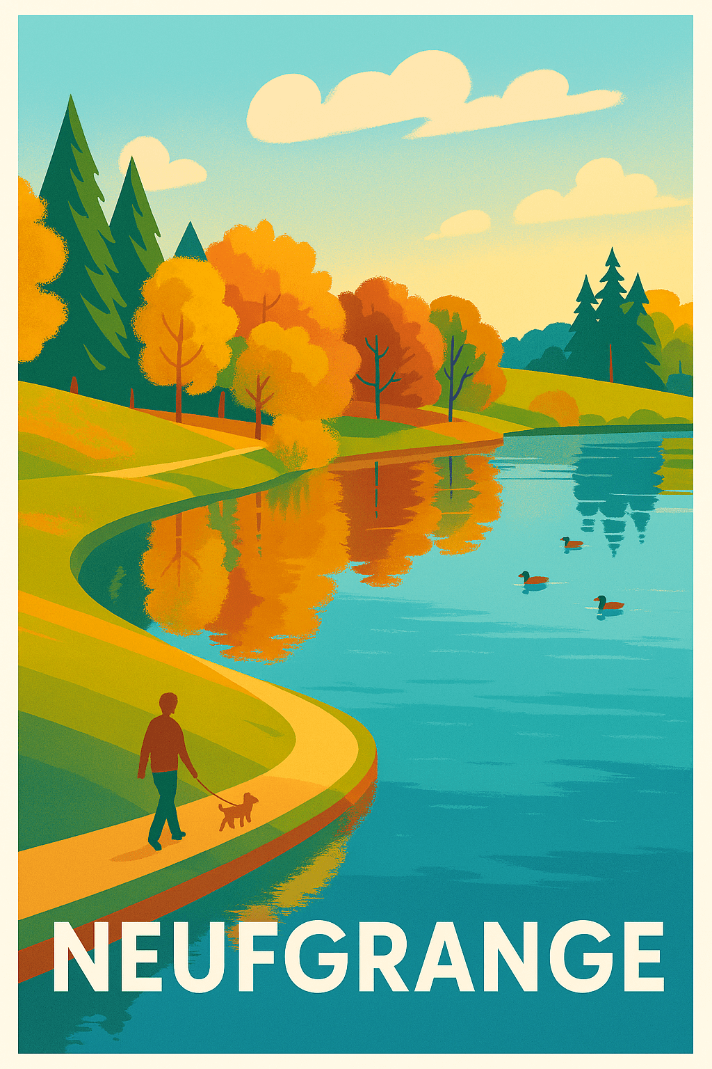 Moselle France Pas de Cadre / 20 × 30cm Affiche de Neufgrange - Balade sereine au bord de l'eau