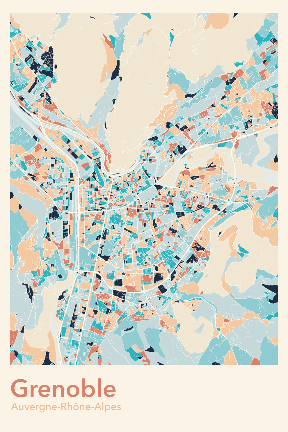 Plan de Grenoble coloré - Carte personnalisée