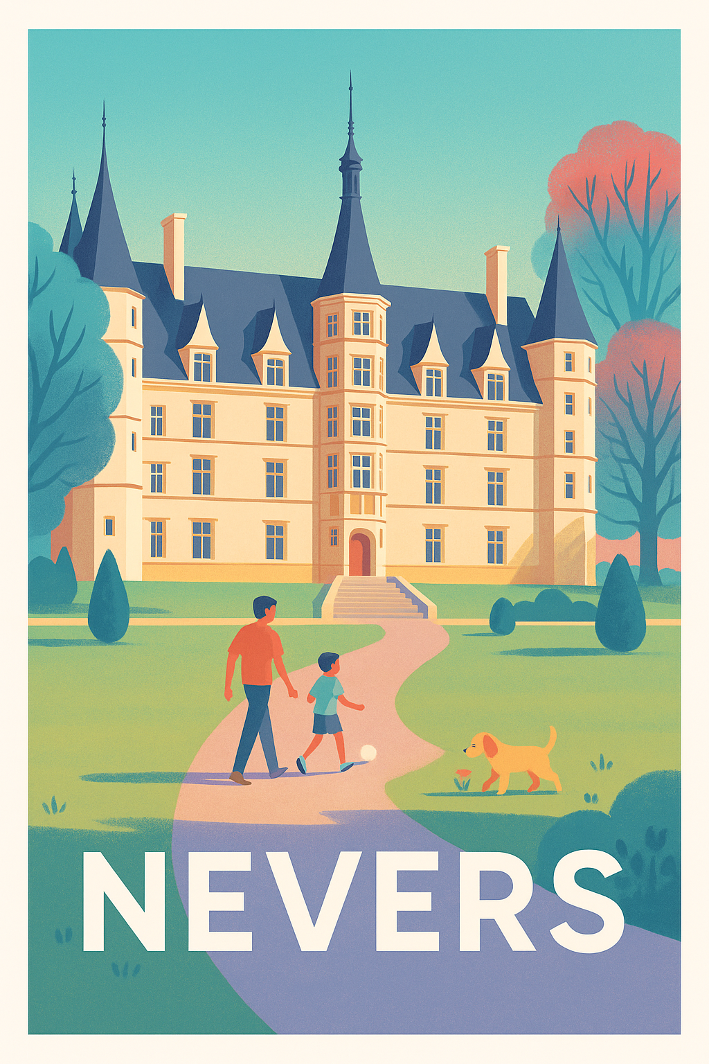 Nièvre France Pas de Cadre / 20 × 30cm Affiche Nevers - Évasion au Château dans la douceur du jardin