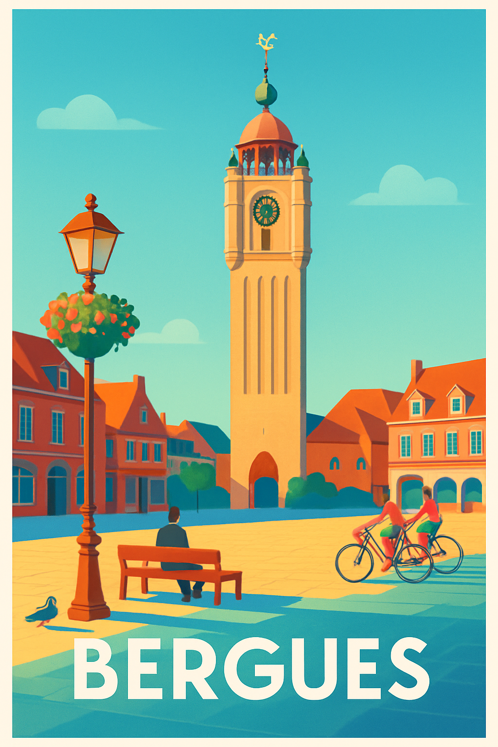 Nord France Pas de Cadre / 20 × 30cm Affiche de Bergues - L'élégance du beffroi et le charme de la ville