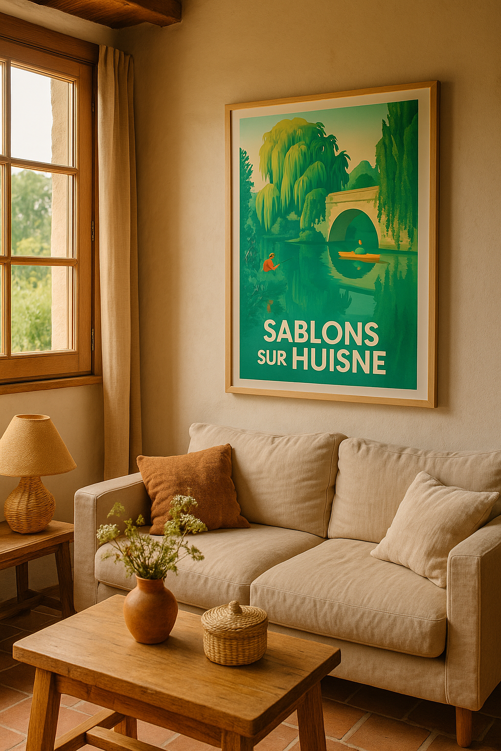 Affiche Sablons-sur-Huisne — Harmonie bucolique au fil de l'eau · poster d'art de Sablons-sur-Huisne