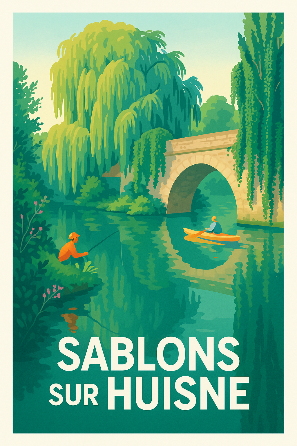 Affiche Sablons-sur-Huisne — Harmonie bucolique au fil de l'eau · poster d'art de Sablons-sur-Huisne