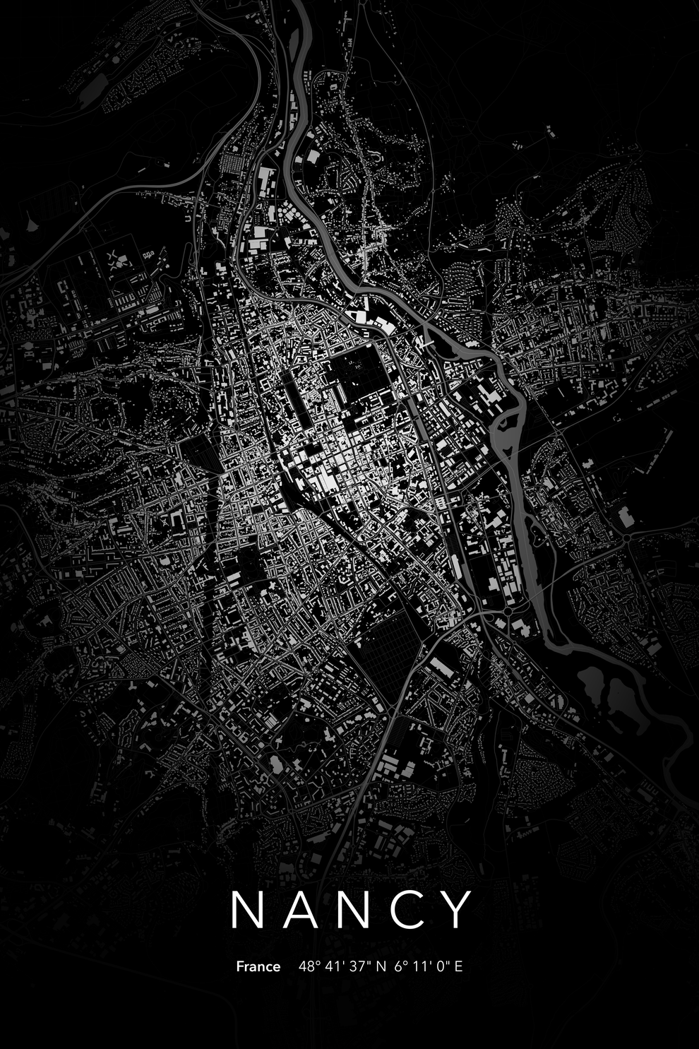 Carte de Nancy nuit - Affiche personnalisée