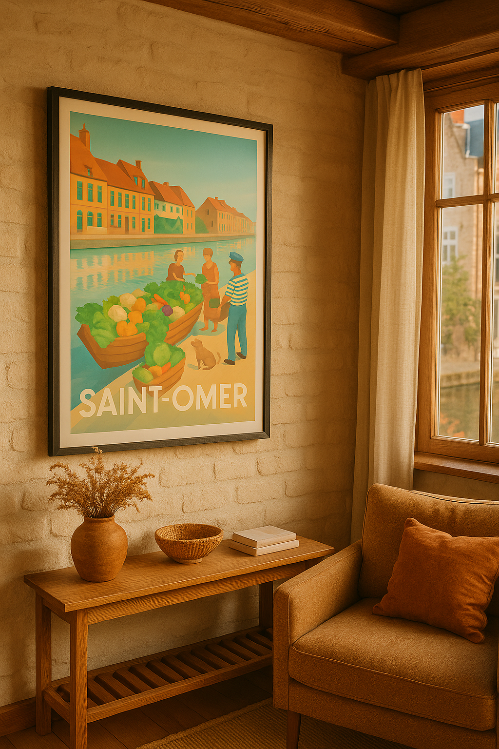 Affiche Saint-Omer — Le charme du marché au fil de l'eau · poster d'art de Saint-Omer