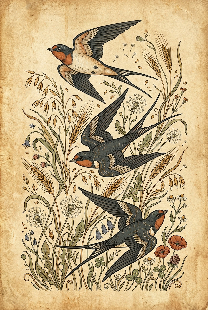Affiche d'hirondelles, poster style naturaliste