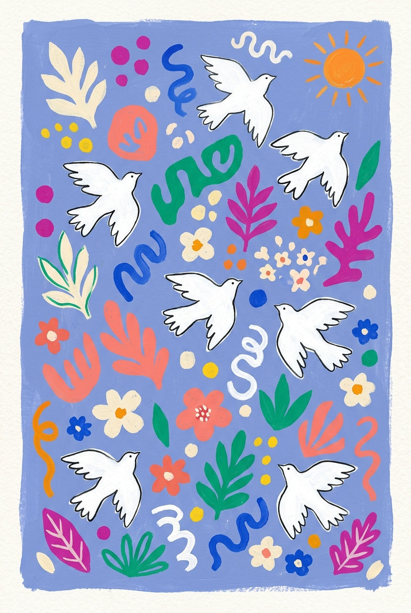Poster Colombes, illustration fleurs colorées