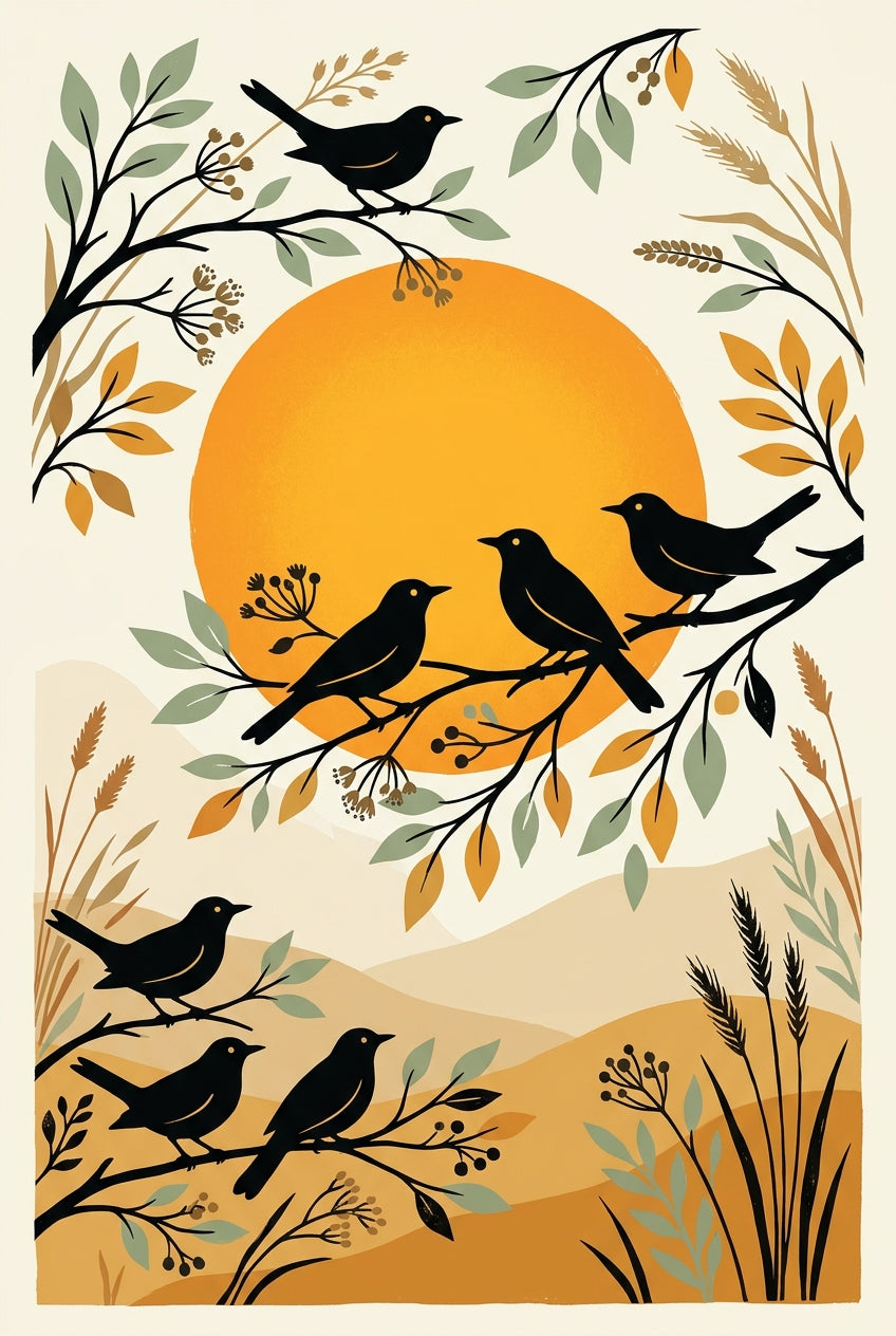 Poster d'oiseaux, illustration soleil couchant