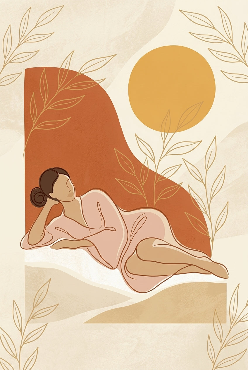 Poster femme allongée, illustration soleil