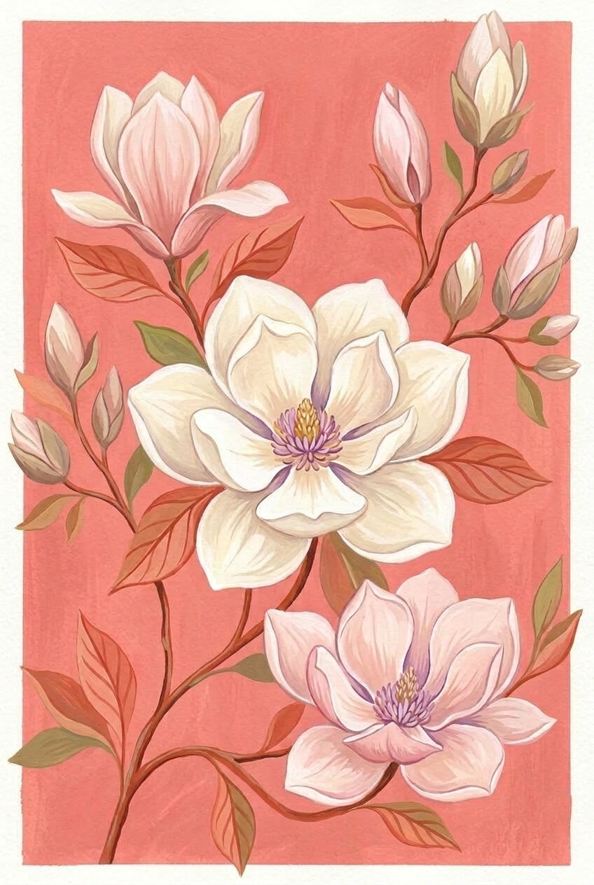 Affiche de magnolias, poster botanique rose